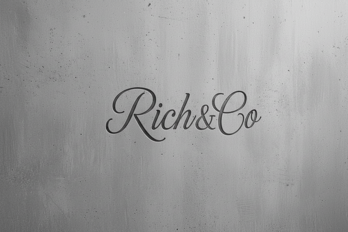 Brand name 'Rich & Co' on a textured gray background
